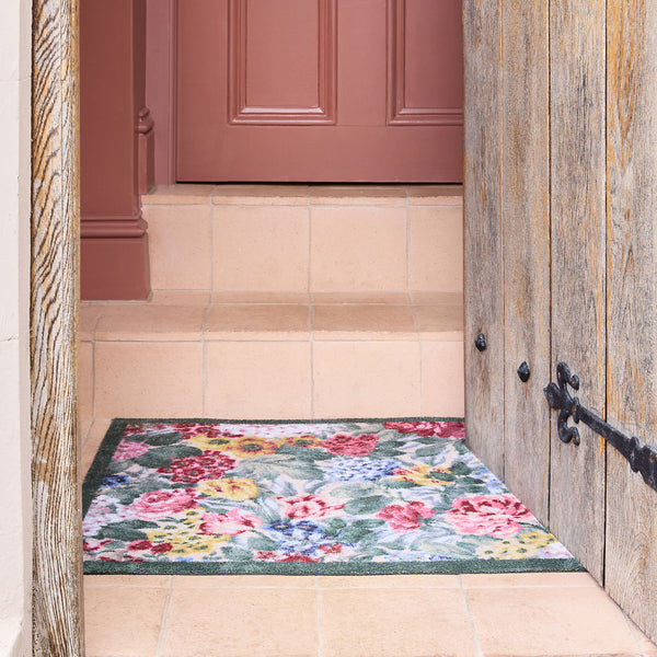 Sanderson By Highgrove x Hug Rug Antique Hydrangea & Rose with a floral design, styled by tile steps.