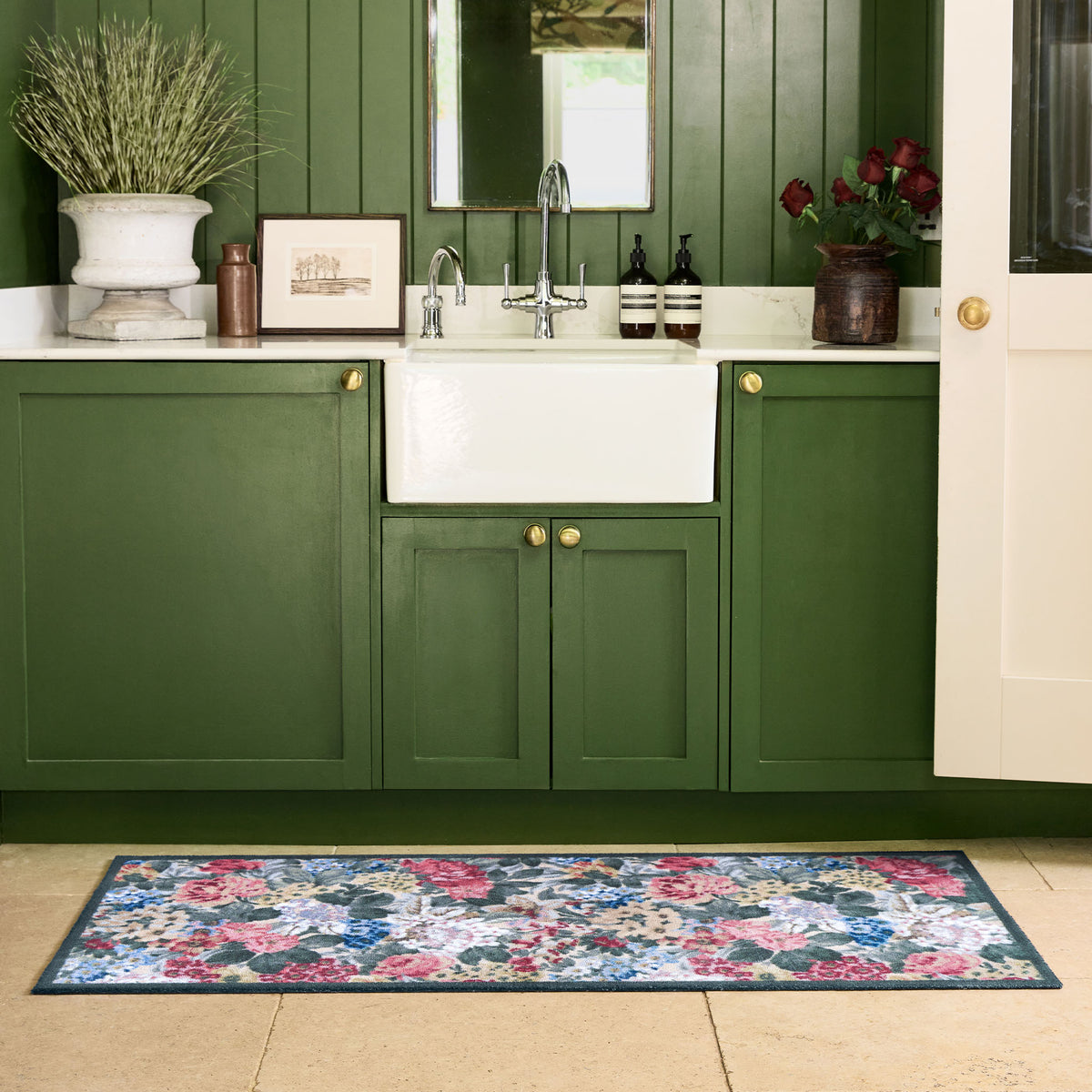 Sanderson By Highgrove x Hug Rug Antique Hydrangea & Rose Runner with a flroal design, styled by the kitchen sink.