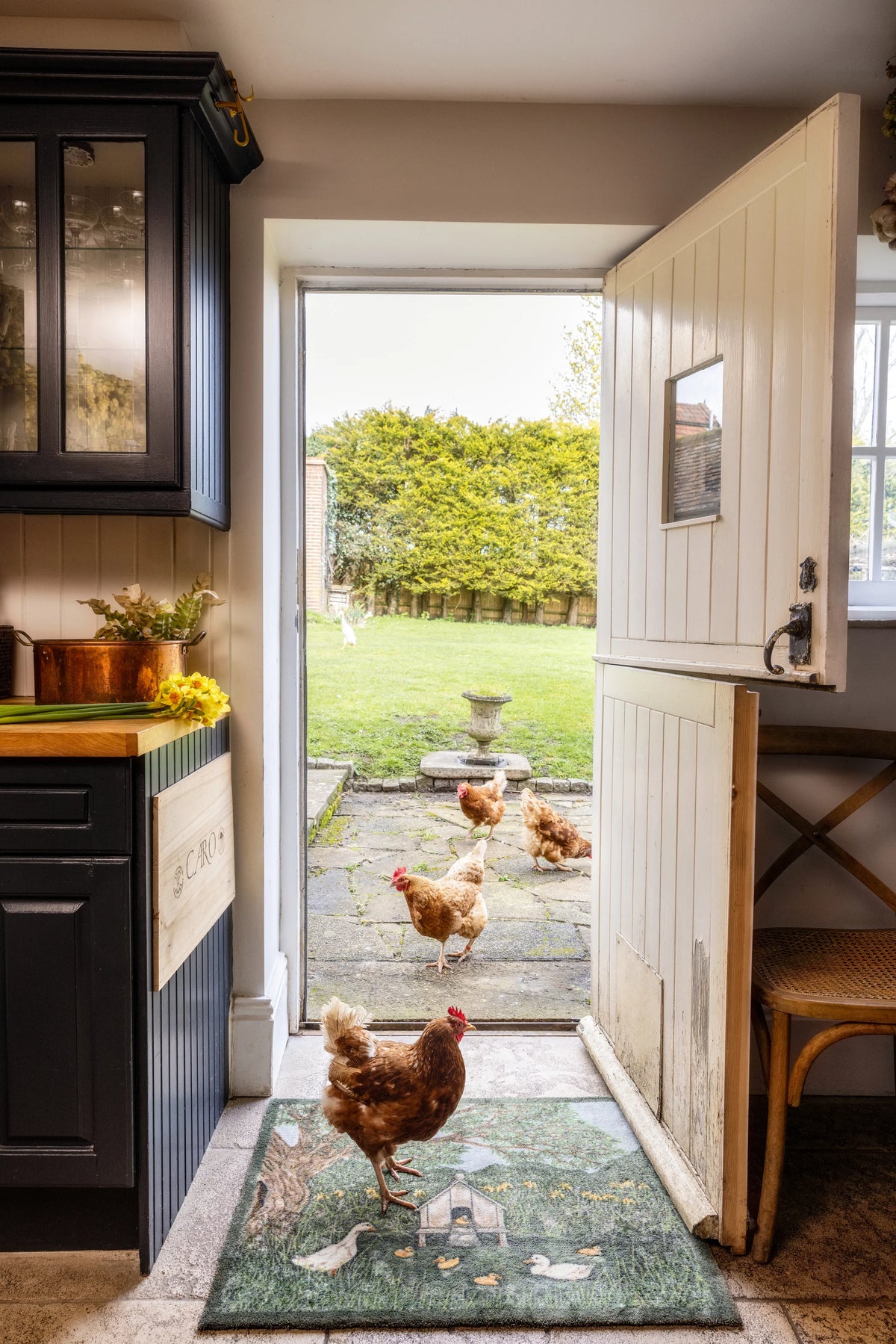 Hug Rug X Sally Swannell Ducks Doormat styled in a doorway with Chickens