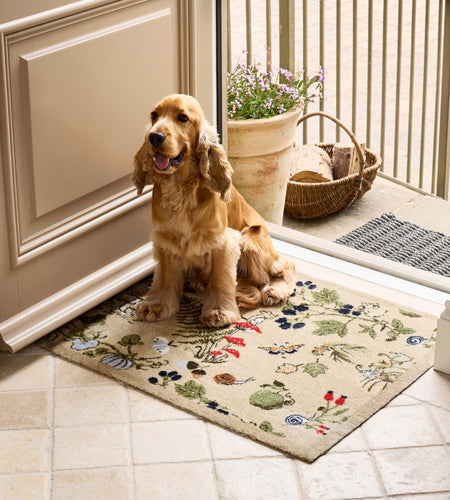 A golden Cocker Spaniel sits on a beige outdoor entryway doormat with a whimsical multicolor floral and animal pattern, positioned in front of a glass door in a tiled entryway.