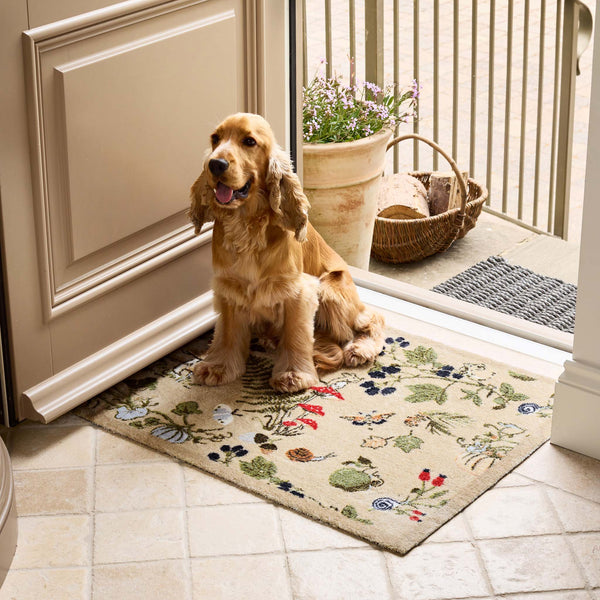 A golden Cocker Spaniel sits on a beige outdoor entryway doormat with a whimsical multicolor floral and animal pattern, positioned in front of a glass door in a tiled entryway.