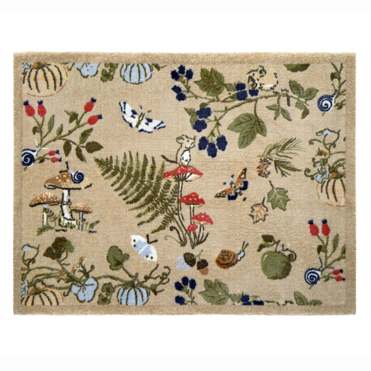 A rectangular doormat with a natural beige background and an all-over whimsical woodland pattern featuring green leaves, blueberries, mushrooms, snails, acorns, and butterflies.