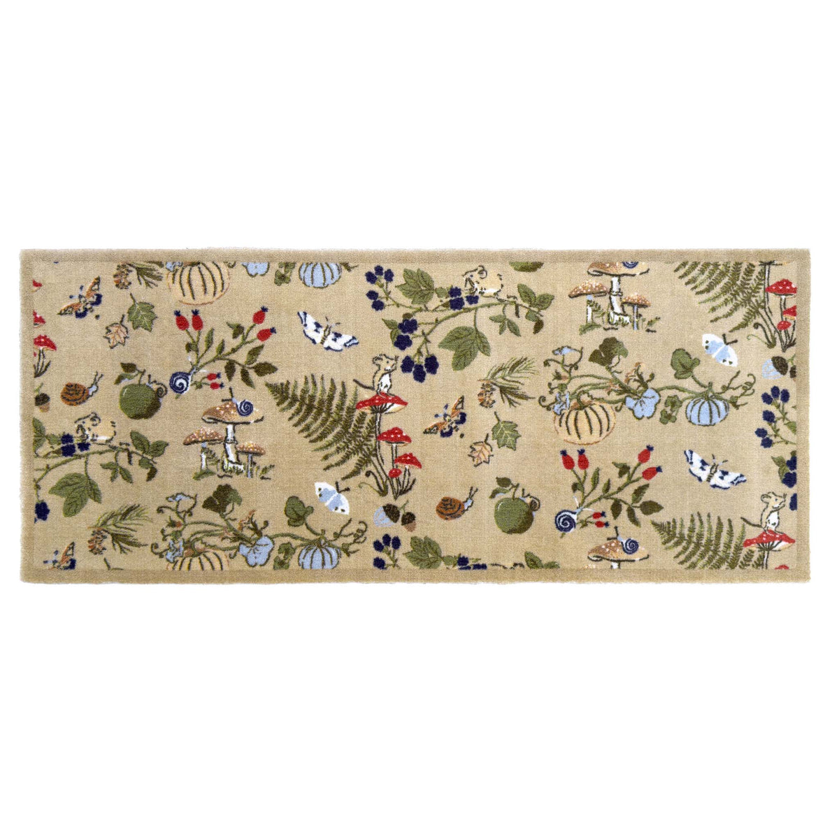 A rectangular runner with a beige background and a whimsical woodland pattern featuring rabbits, squirrels, acorns, berries, ferns, and small birds in green, blue, red, and brown.