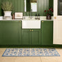 Sanderson By Highgrove x Hug Rug Azalea Walk Wedgwood with a blue floral design, styled by the sink. 