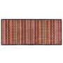 A rectangular woven runner with a Southwestern-style geometric pattern featuring vertical stripes of red, orange, beige, and brown with diamond and triangle motifs, set against a plain white background.