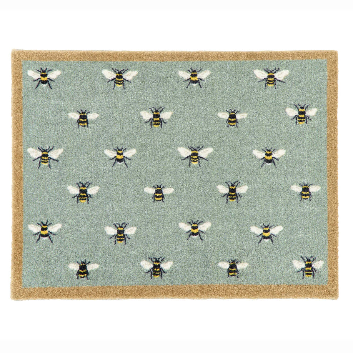 A rectangular area rug with a sage green background featuring a repeating pattern of bumblebees, finished with a natural coloured border.