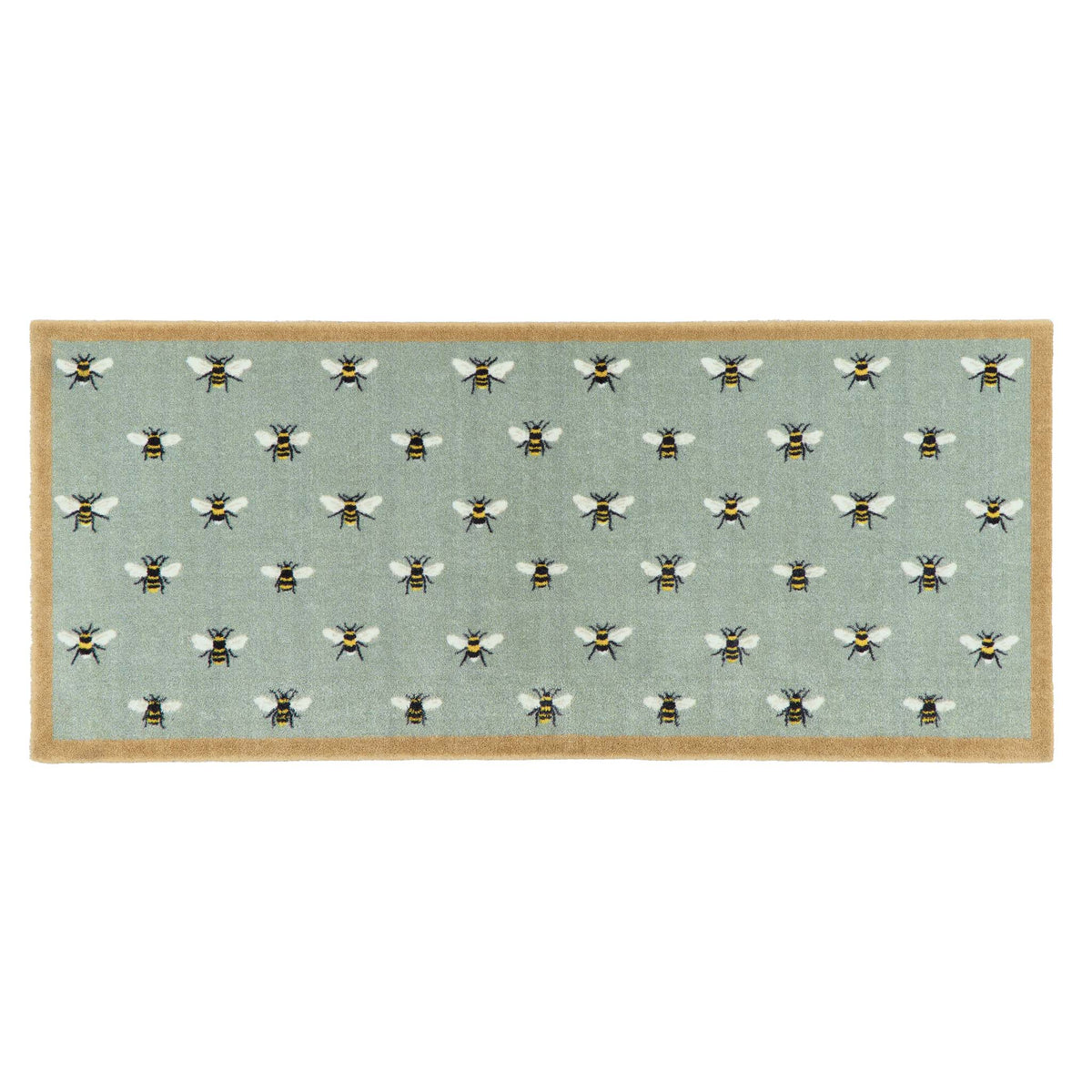 A rectangular area rug with a light sage green background featuring a repeating pattern of bumblebees, finished with a natural colour border.