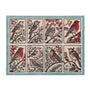 A rectangular doormat with a teal border and eight panels featuring different bird illustrations in red, brown, black, and white on a cream background.