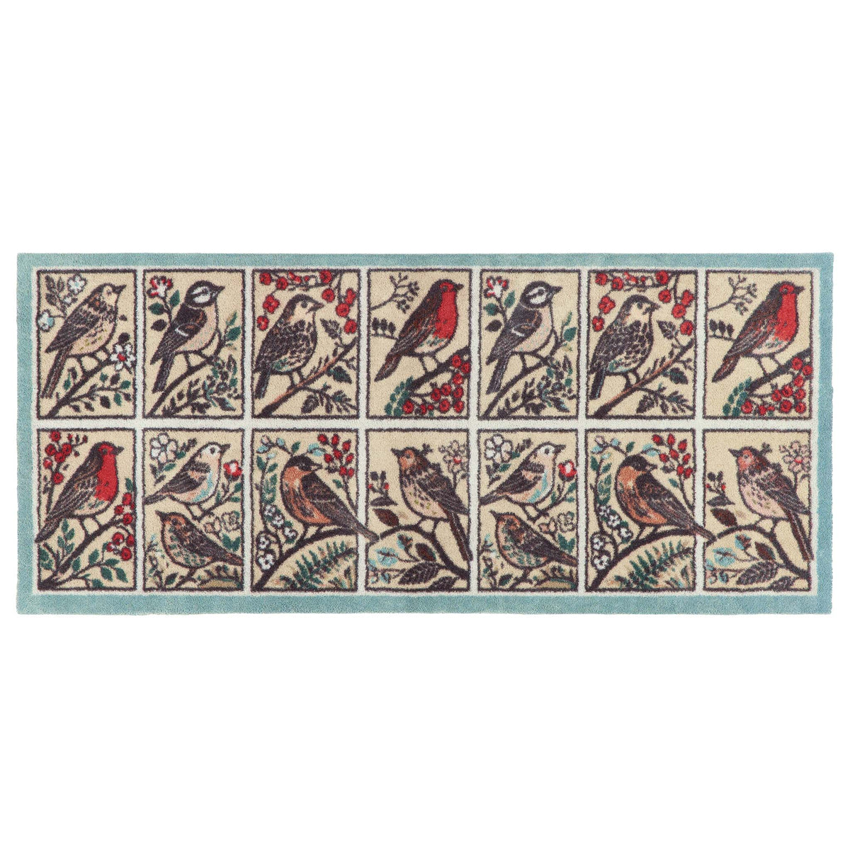 A rectangular runner with ten panels showing different bird illustrations in red, black, beige, and green tones, photographed against a plain white background.