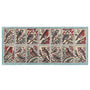A rectangular runner with ten panels showing different bird illustrations in red, black, beige, and green tones, photographed against a plain white background.