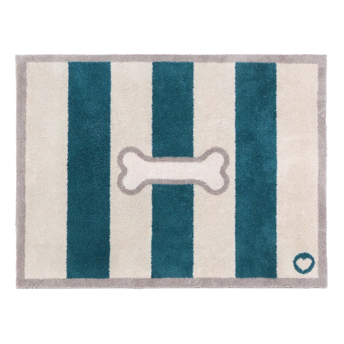 Bone Stripe Teal- 100% recycled cotton doormat featuring a striped pattern with a bone in the centre.
