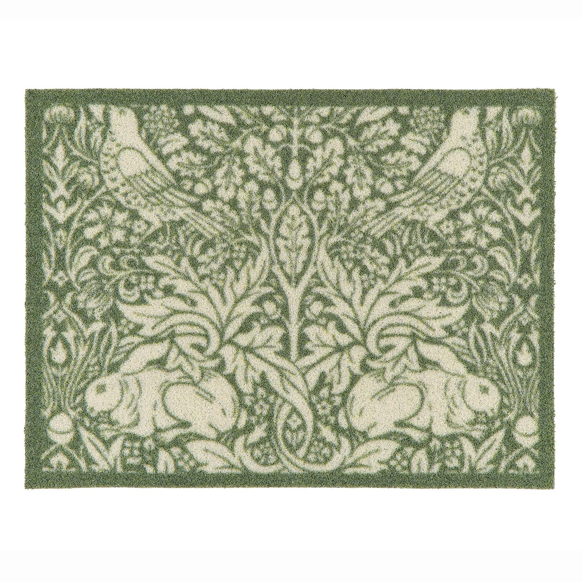 A rectangular outdoor doormat featuring a classic William Morris-style botanical and animal pattern with green and cream rabbits, birds, and foliage, shown flat against a white background.