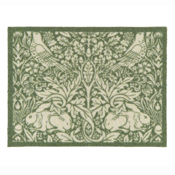 A rectangular outdoor doormat featuring a classic William Morris-style botanical and animal pattern with green and cream rabbits, birds, and foliage, shown flat against a white background.