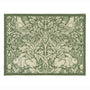 A rectangular outdoor doormat featuring a classic William Morris-style botanical and animal pattern with green and cream rabbits, birds, and foliage, shown flat against a white background.