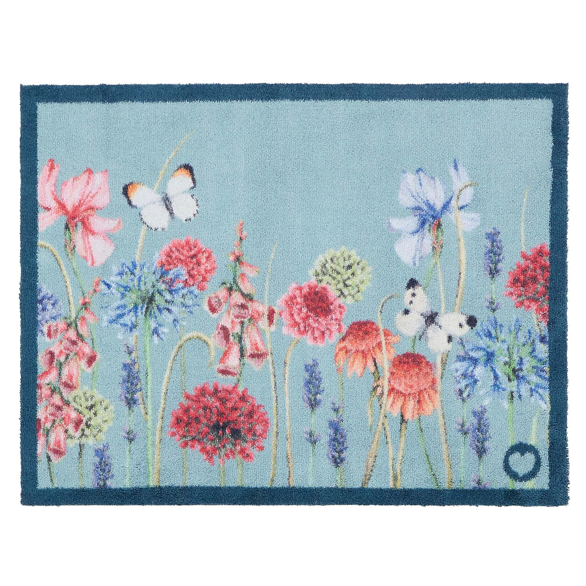 Butterfly Garden Blue Doomat- 100% recycled cotton doormat featuring a wildflower garden and butterflies.