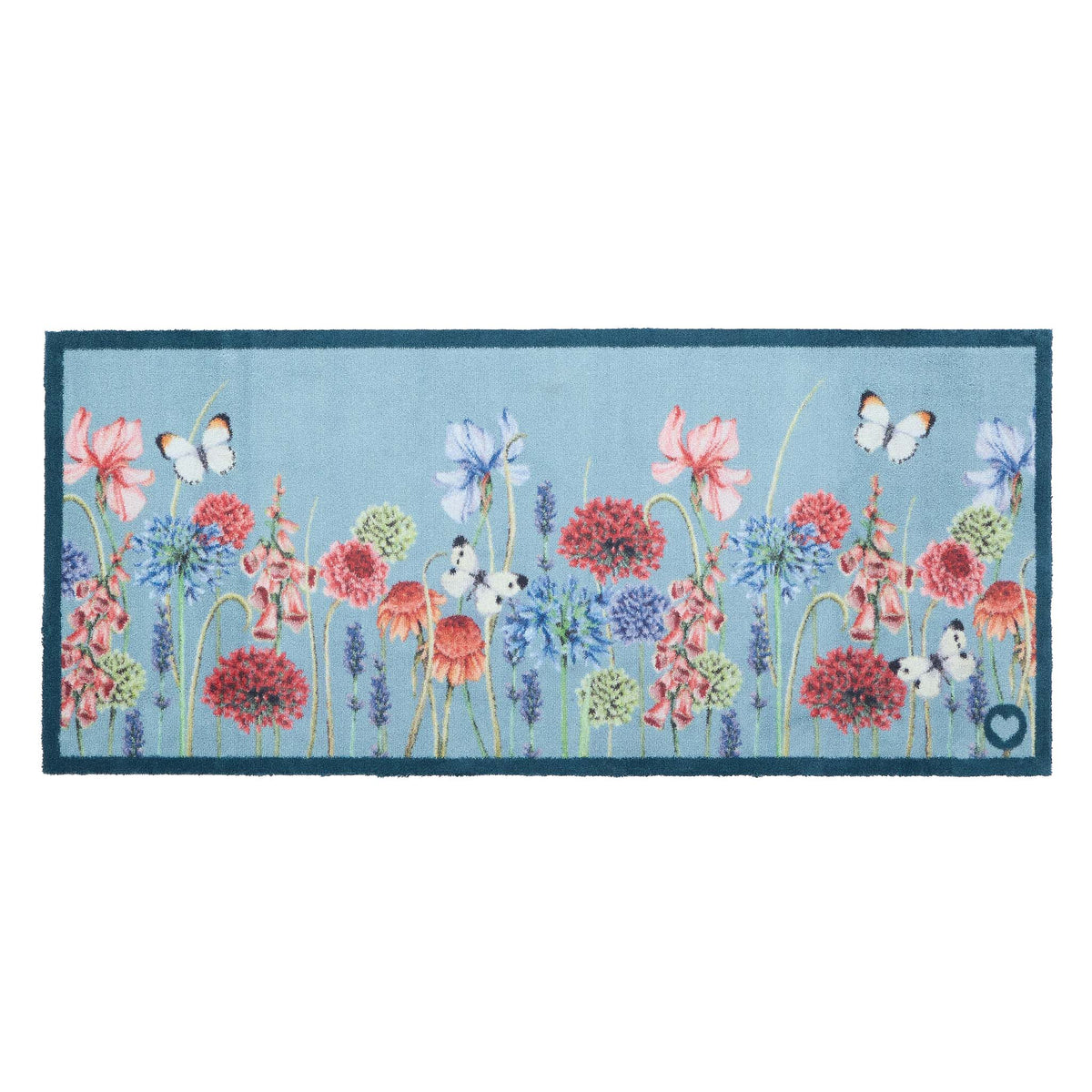 Butterfly Garden Blue Runner- 100% recycled cotton runner featuring a wildflower garden and butterflies.