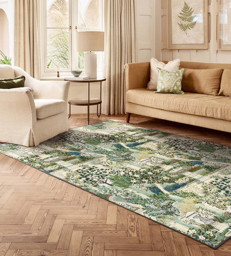Sanderson By Highgrove x Hug Rug Eco-Washable Carpet Garden Sanctuary with a nature inspired pattern, styled in a living room. 