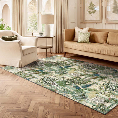 Sanderson By Highgrove x Hug Rug Eco-Washable Carpet Garden Sanctuary with a nature inspired pattern, styled in a living room. 
