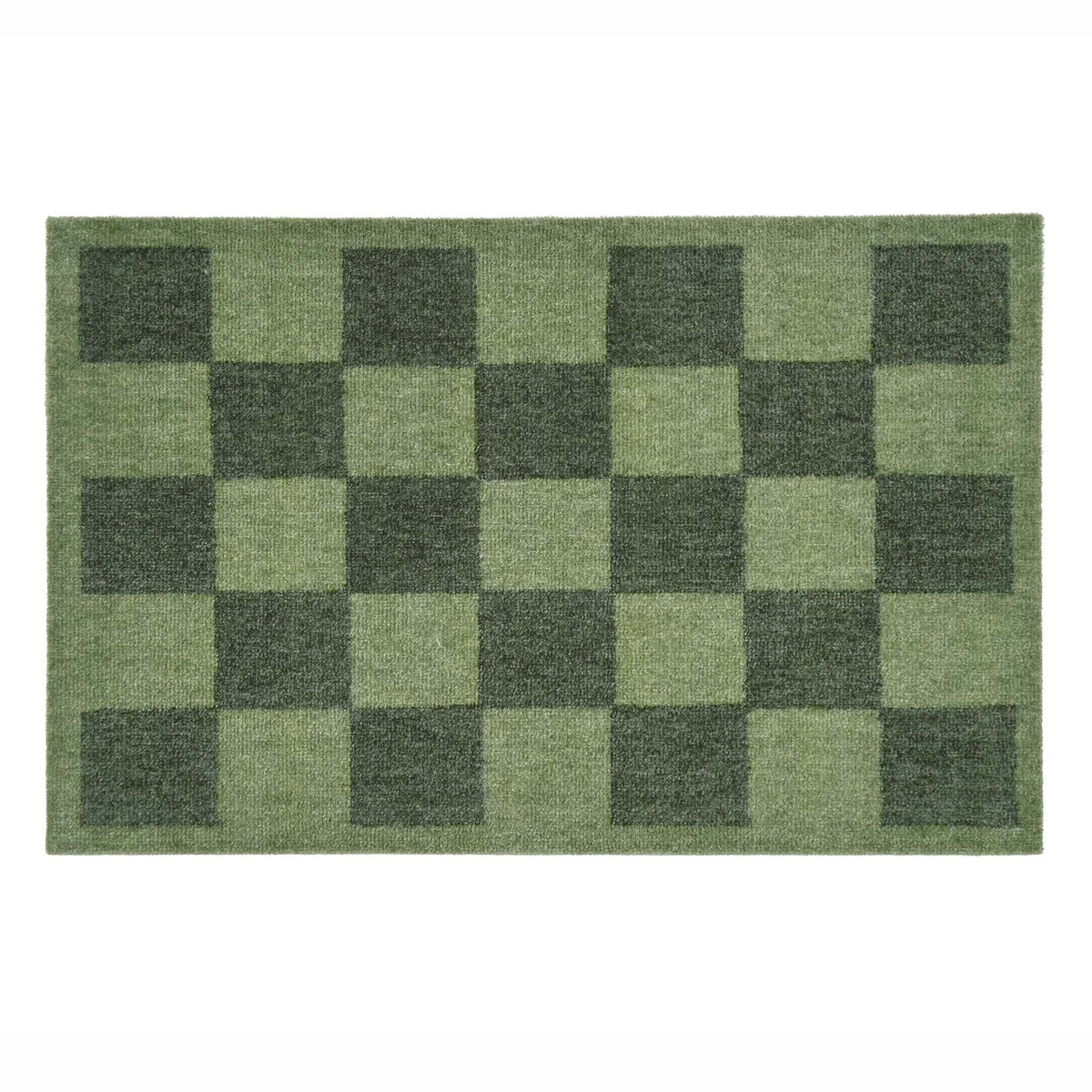 A rectangular green doormat with a checkerboard pattern in varying shades of olive and dark green, shown flat against a white background.