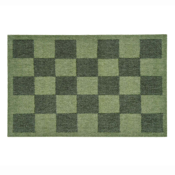 A rectangular green doormat with a checkerboard pattern in varying shades of olive and dark green, shown flat against a white background.