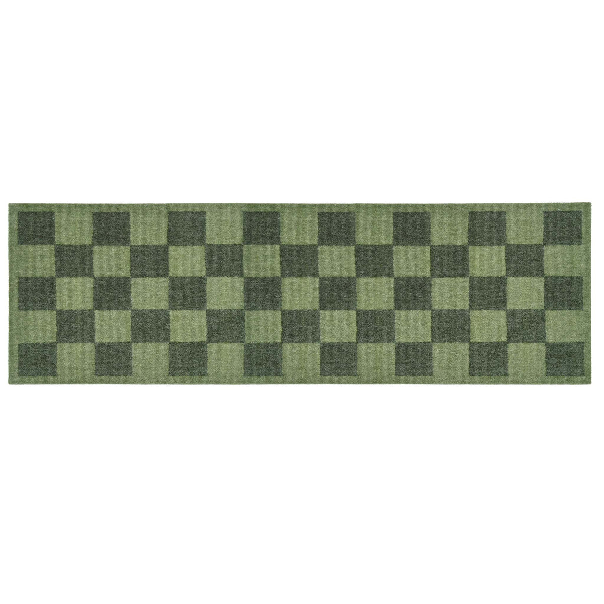 A rectangular runner with a green and dark green checkerboard pattern, shown flat against a white background.