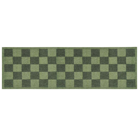 A rectangular runner with a green and dark green checkerboard pattern, shown flat against a white background.