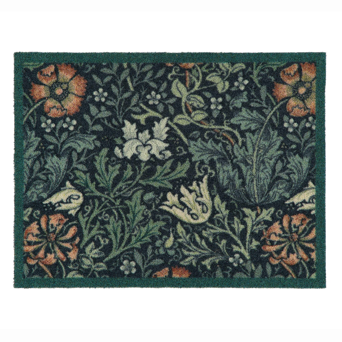 A rectangular outdoor doormat with a dark green border and a dense floral and botanical pattern in muted green, beige, orange, and white on a dark background.