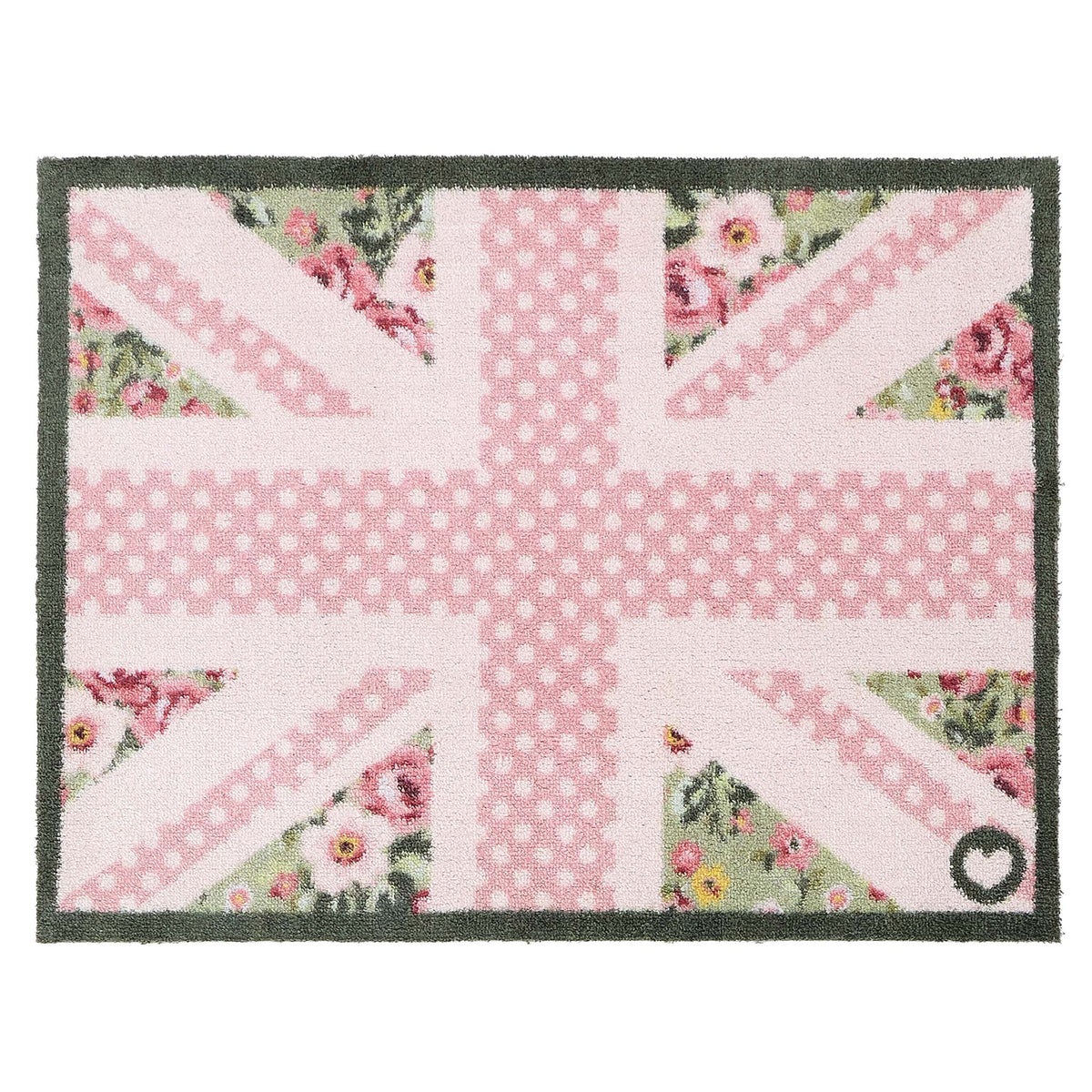 Country Rose Flag Doormat- 100% recycled cotton doormat featuring a pink union jack flag surround by florals.