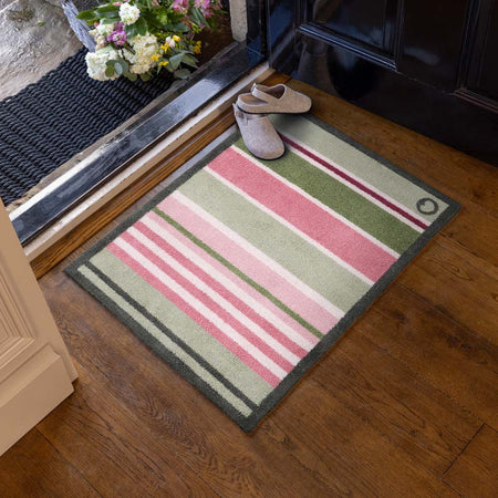 Country Rose Stripe Doormat- 100% recycled cotton doormat featuring pink, white and green stripes.