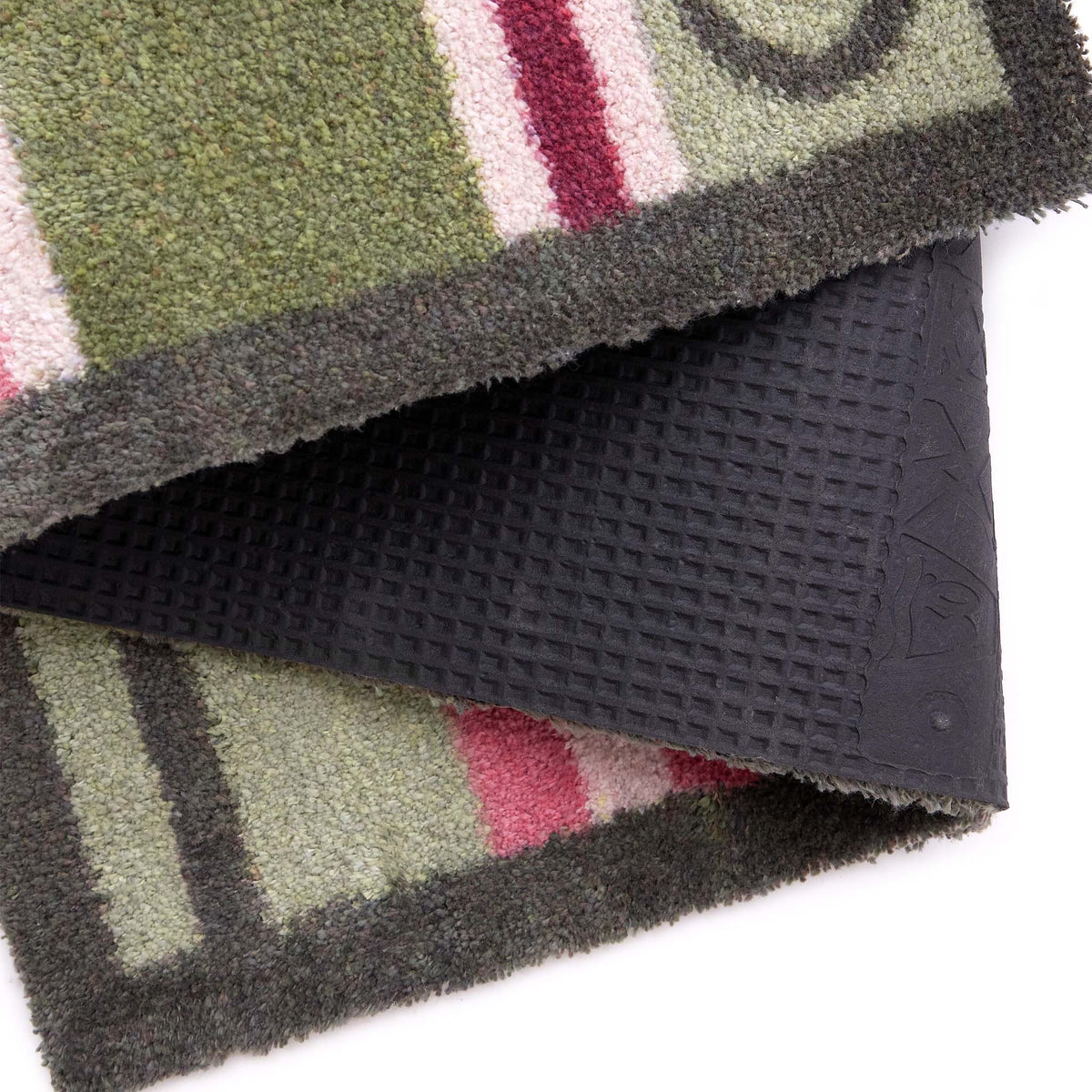 Country Rose Stripe Detail- Made from 100% recycled cotton doormat featuring pink, white and green stripes.