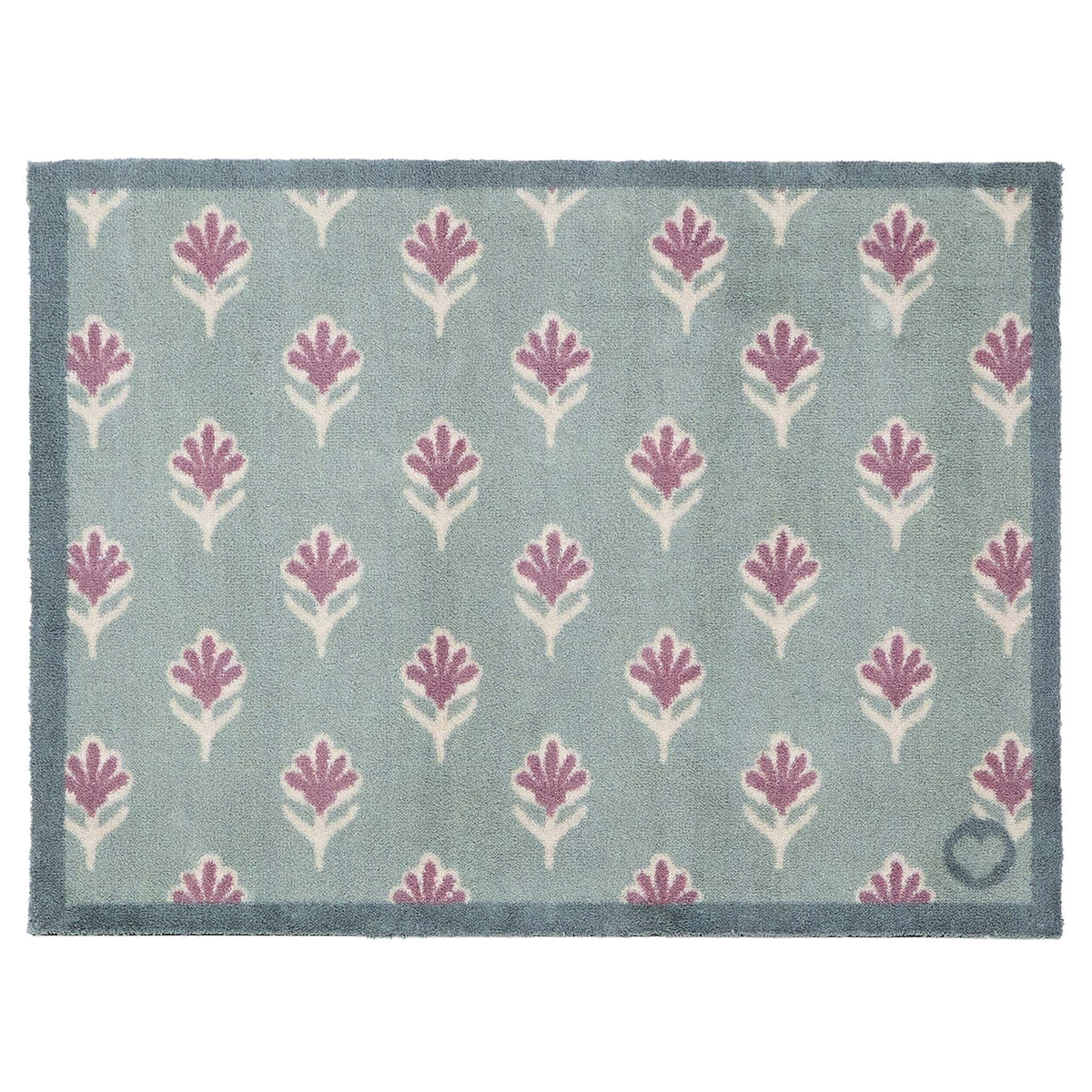 Ditsy Floral Green- 100% recycled cotton doormat featuring a woodblock pattern of purple flowers.