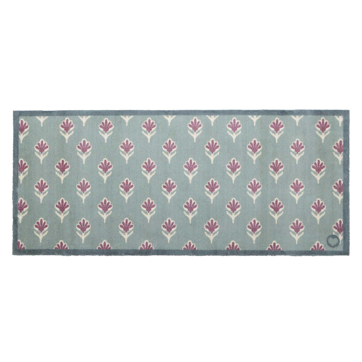 Ditsy Floral Green- 100% recycled cotton runner featuring a woodblock pattern of purple flowers.