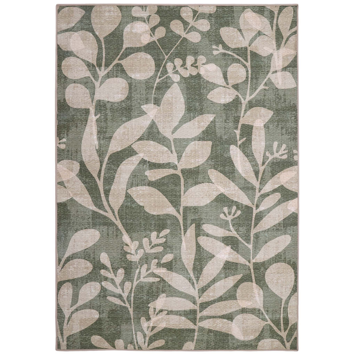 Eden Leaves Green- 100% recycled material rug featuring white florals against a green background.