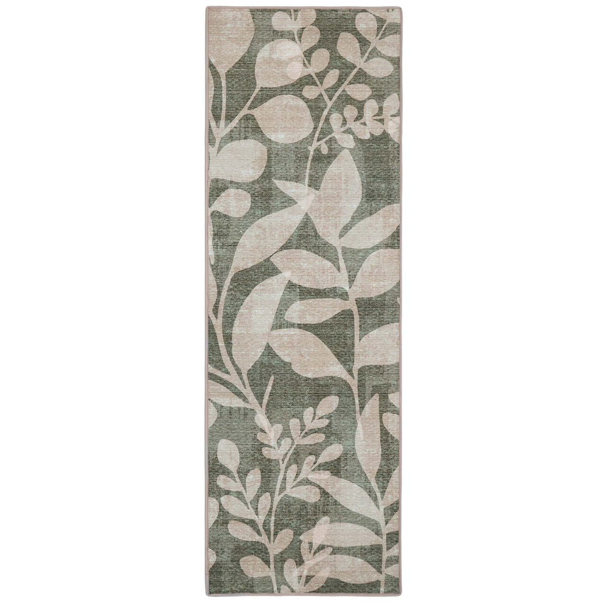 Eden Leaves Green- 100% recycled material rug featuring white florals against a green background.