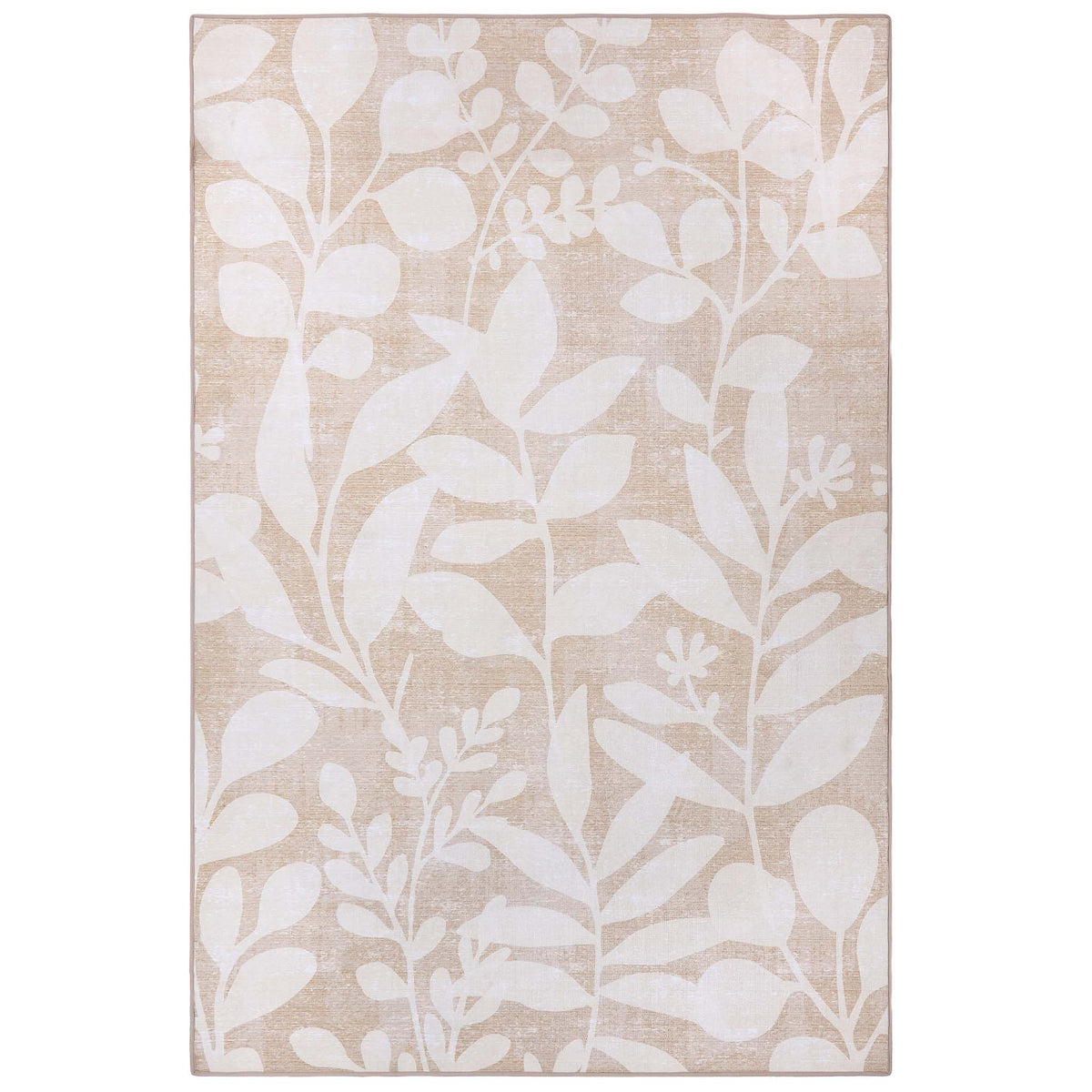 Eden Leaves Natural- 100% recycled material rug featuirng white florals against a natural background.