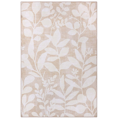 Eden Leaves Natural- 100% recycled material rug featuirng white florals against a natural background.