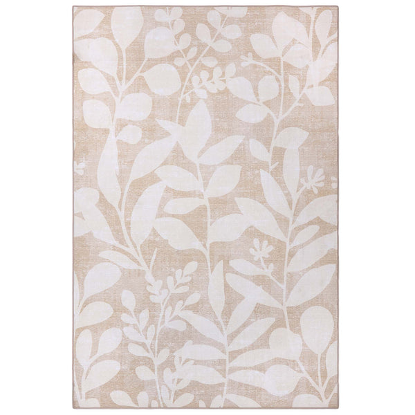 Eden Leaves Natural- 100% recycled material rug featuirng white florals against a natural background.