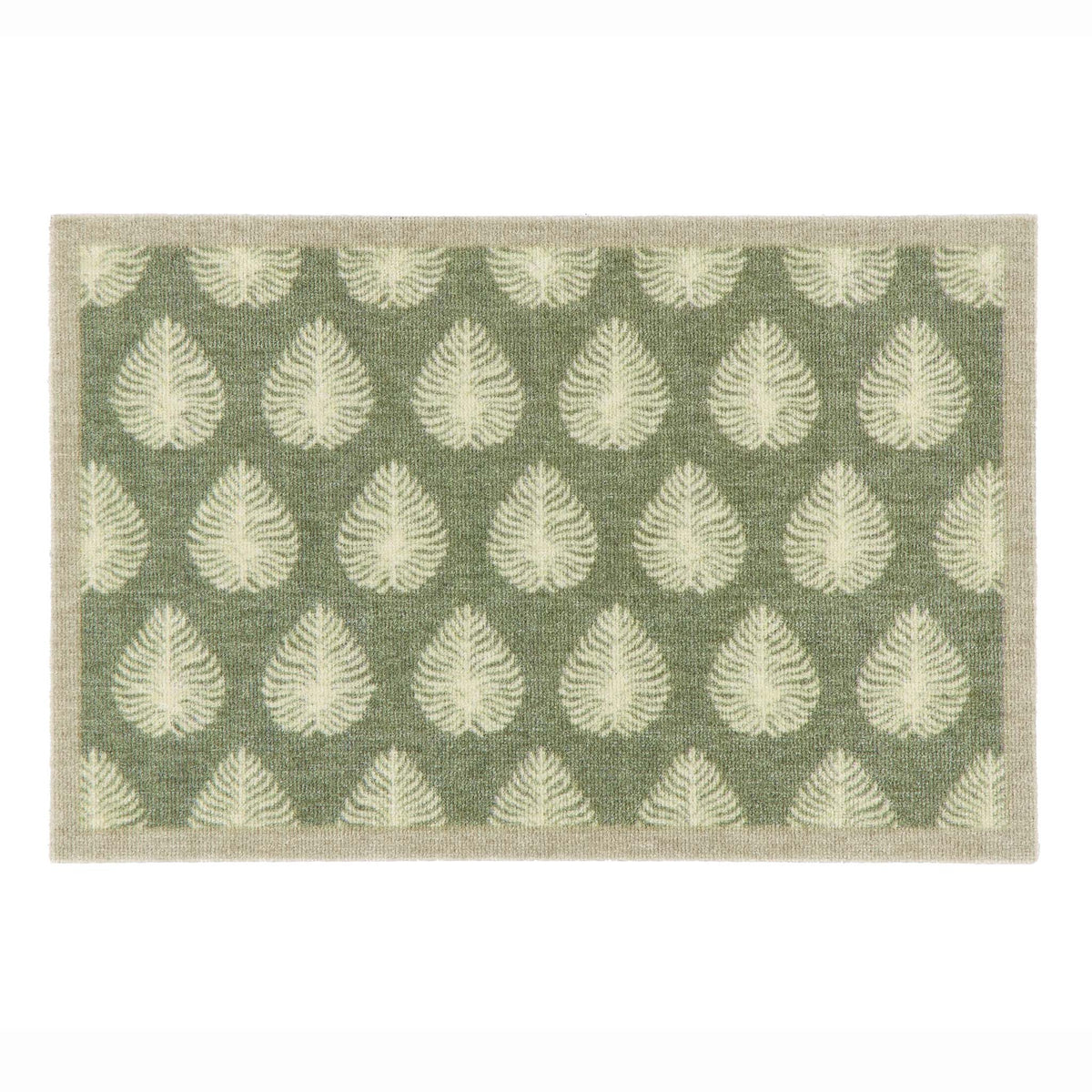 A rectangular doormat with a sage green background and a repeating pattern of cream leaf motifs, finished with a light beige border.