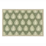 A rectangular doormat with a sage green background and a repeating pattern of cream leaf motifs, finished with a light beige border.