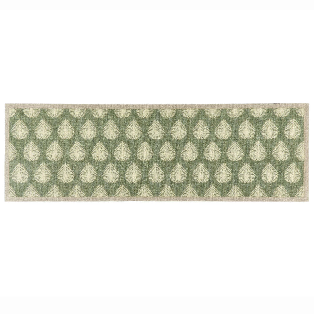 A rectangular runner with a repeating leaf pattern in sage green and cream, bordered by a cream edge, shown against a plain white background.