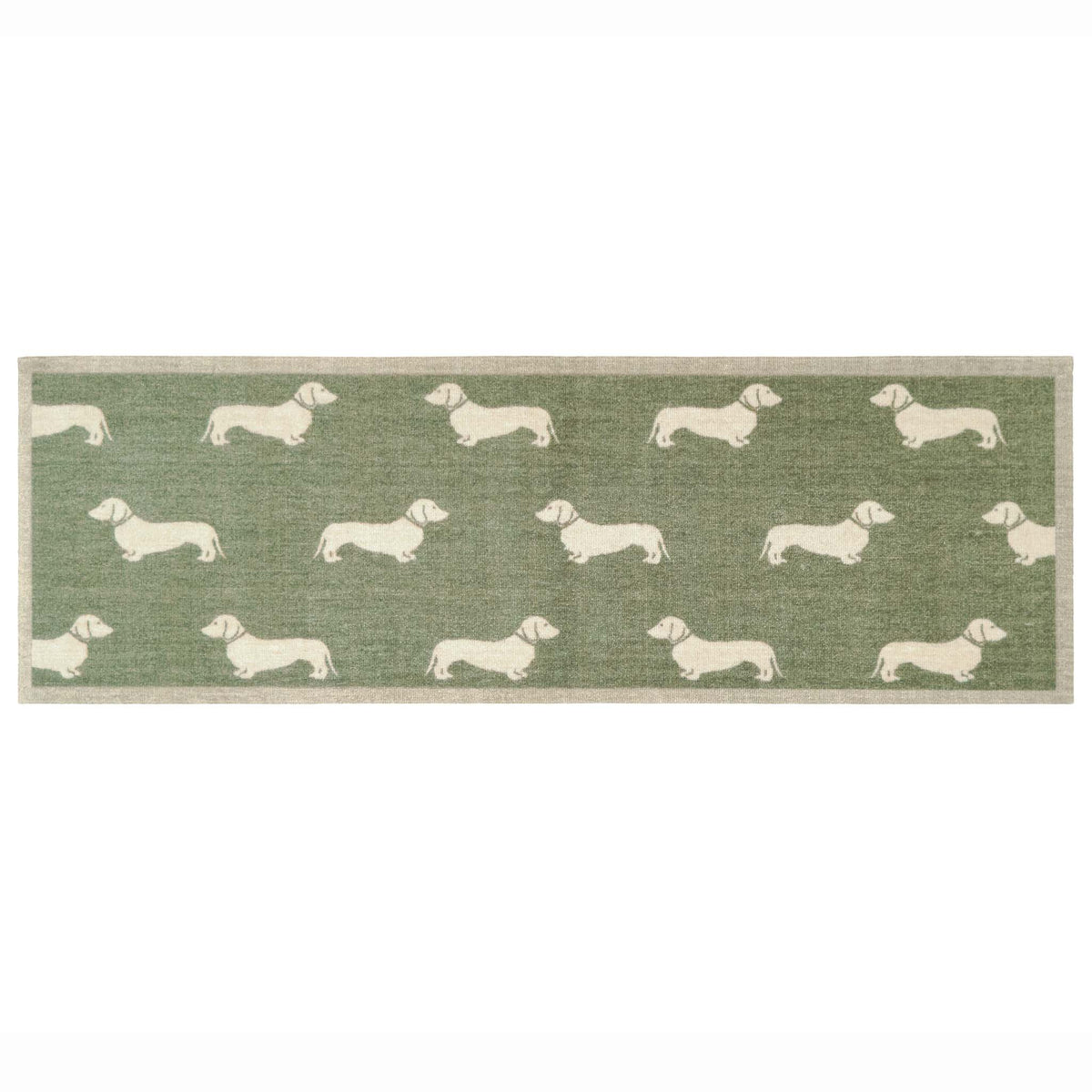A rectangular runner with a sage green background and a repeating pattern of cream dachshund dogs, finished with a beige woven border.