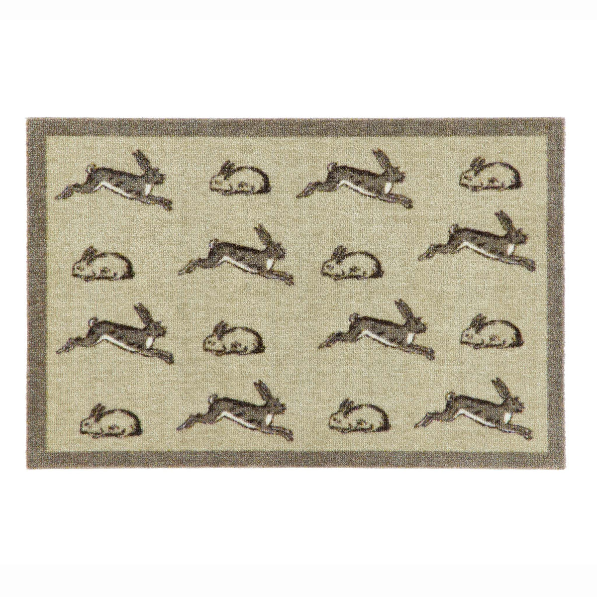 A rectangular doormat with a beige textured background, featuring a border and a repeating pattern of rabbits in gray and brown tones.