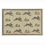 A rectangular doormat with a beige textured background, featuring a border and a repeating pattern of rabbits in gray and brown tones.