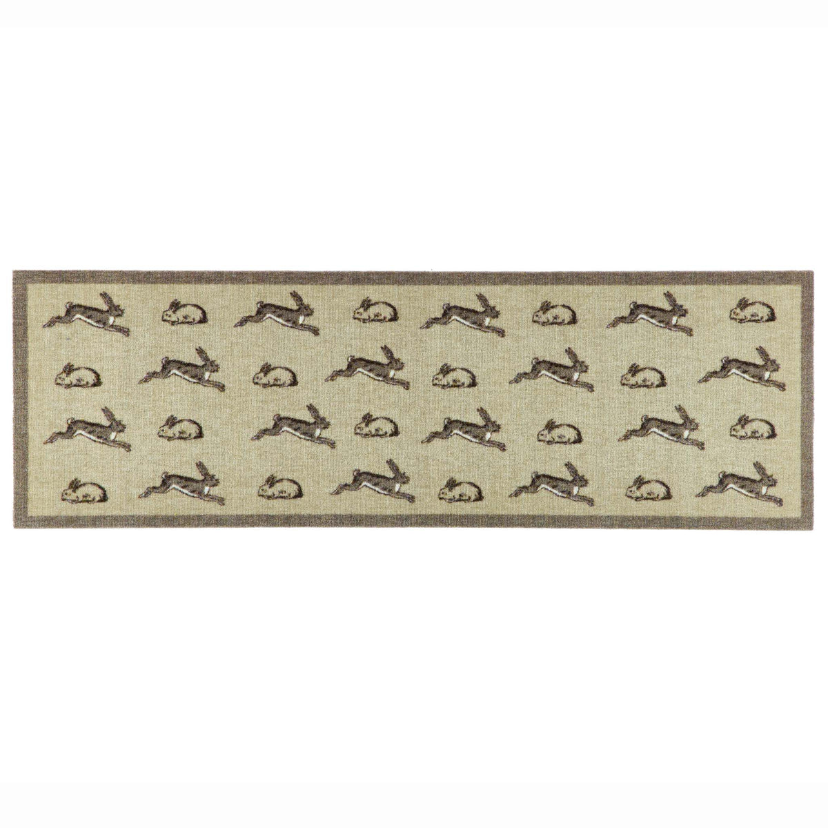 A rectangular runner with a repeating pattern of brown rabbits and hares on a light beige background, finished with a dark brown border.