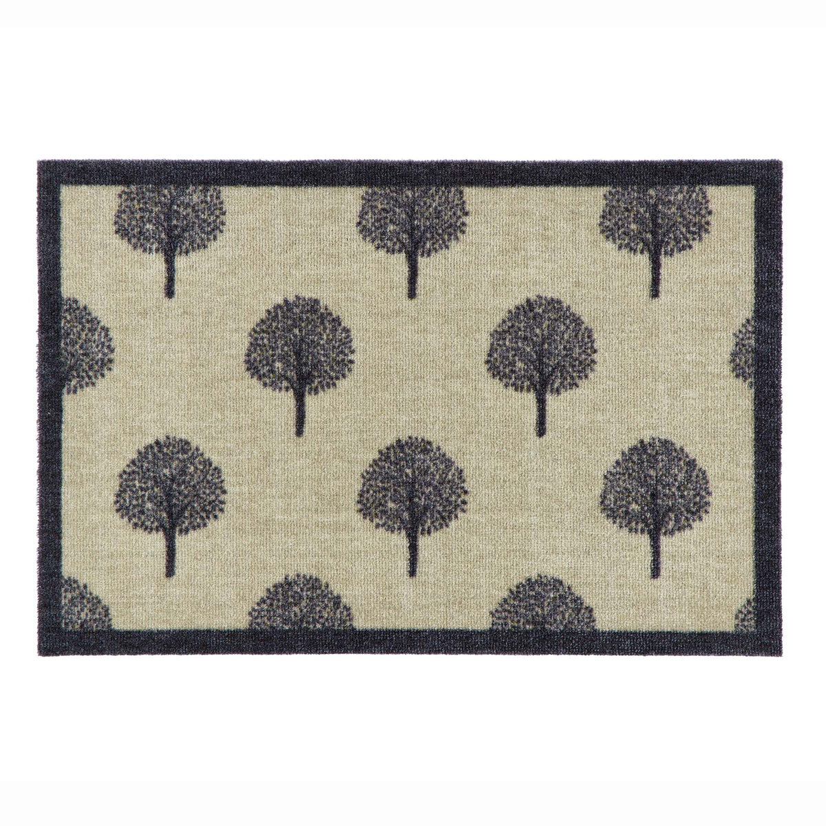 A rectangular doormat with a natural beige textured background, featuring a repeating pattern of dark gray stylized tree silhouettes and a solid dark charcoal border.