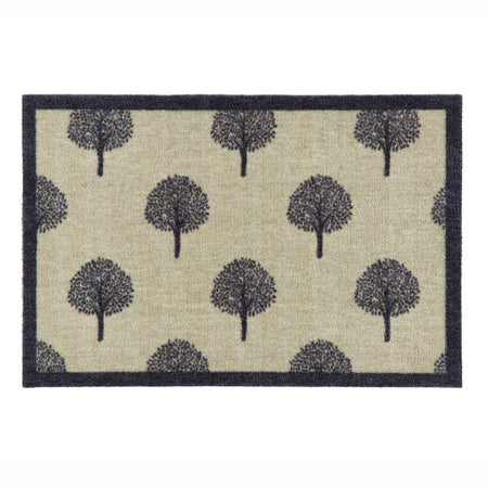 A rectangular doormat with a natural beige textured background, featuring a repeating pattern of dark gray stylized tree silhouettes and a solid dark charcoal border.