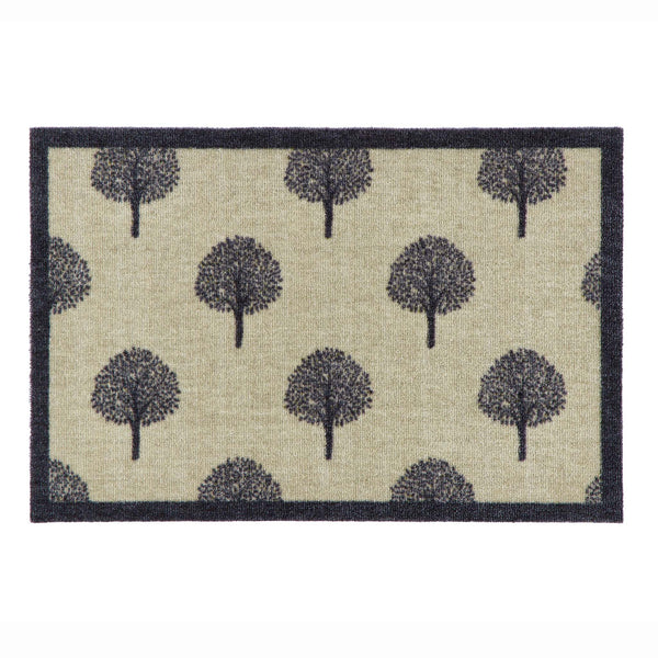 A rectangular doormat with a natural beige textured background, featuring a repeating pattern of dark gray stylized tree silhouettes and a solid dark charcoal border.
