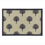 A rectangular doormat with a natural beige textured background, featuring a repeating pattern of dark gray stylized tree silhouettes and a solid dark charcoal border.
