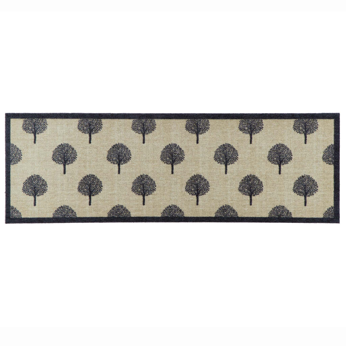 A rectangular runner featuring a repeating pattern of dark gray stylized trees and a solid dark charcoal border.
