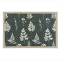 A rectangular doormat with a dark green background featuring a repeating pattern of white ferns and a natural beige textured border.